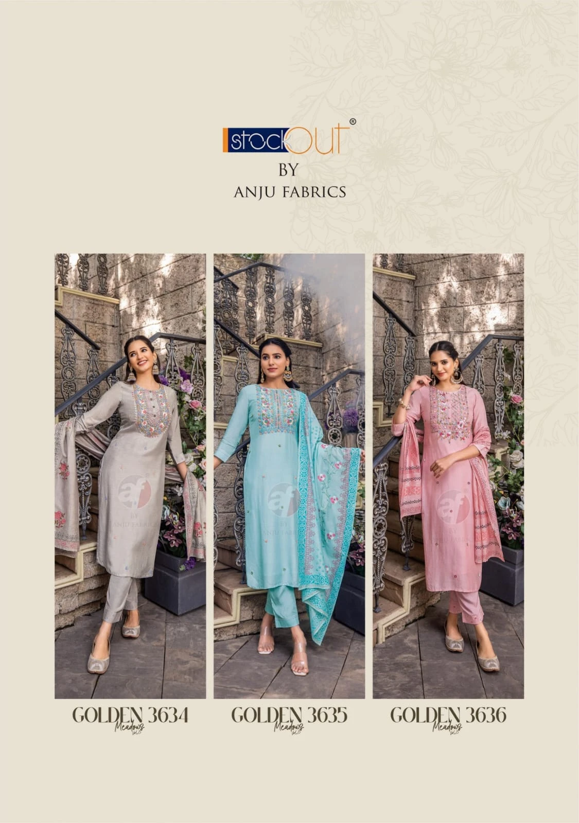 Anju Fabric Golden Meadows Vol 3 Pure Muslin Wholesale Fancy Readymade Salwar Suit Catalog — Wholesale Salwar Suits, Anju fabric wholesale from Surat - Gallery Image 3